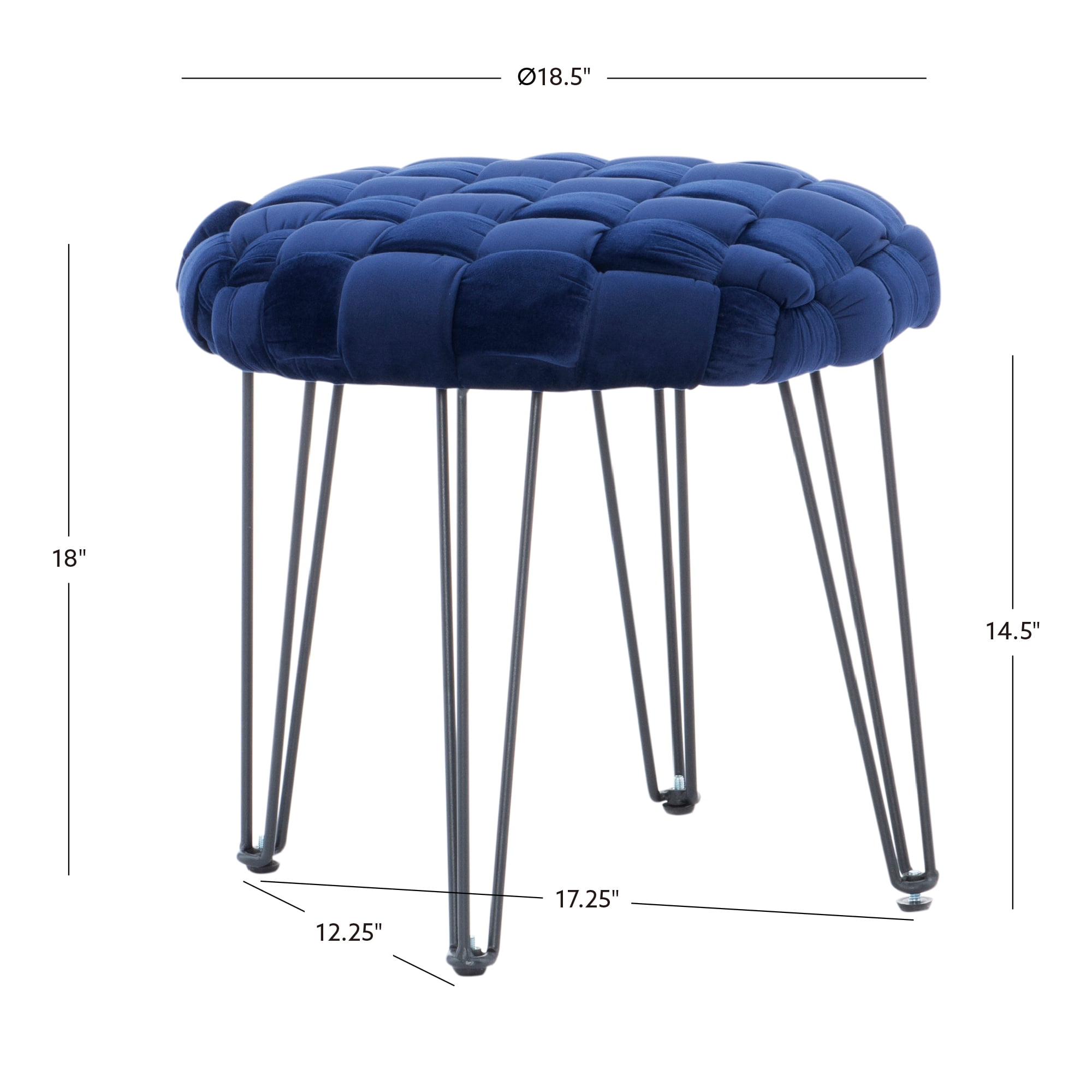Powell Anya Round Handwoven Velvet Ottoman with Hairpin Legs, Navy