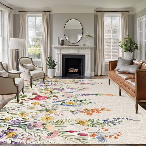 Large Area Rugs for Living Room Bedroom, Watercolor Wildflowers 6'x9' Rug Washable Carpet Runner Indoor Outdoor, Farmhouse Botanical Flowers Herbs Non Slip Floor Mats Rug for Kitchen, Playroom