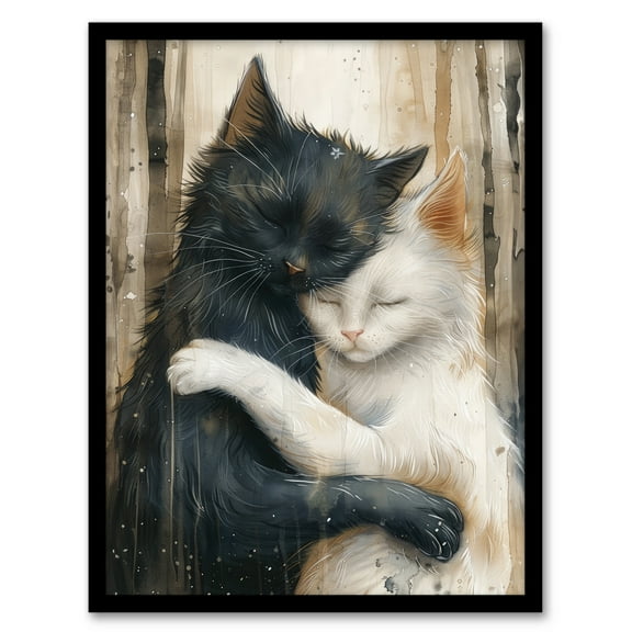Artery8 Black Cat White Cat Lover Hugging Watercolour For Living Room Art Print Framed Poster Wall Decor 12x16 inch