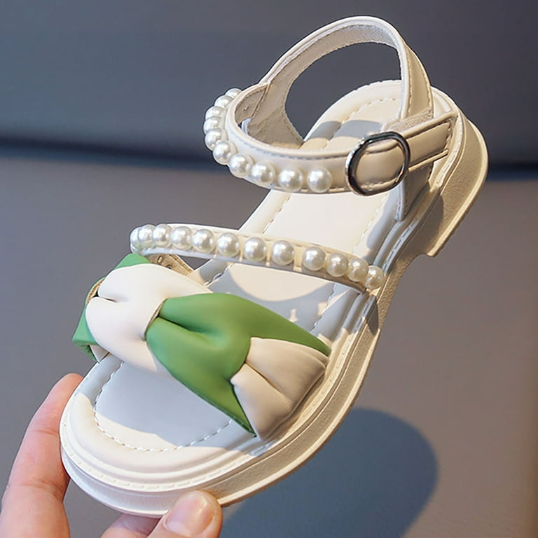 Girls Fashion Sandals Durable Summer Cute Pearl Bow Soft Sole Flat Casual Anti Slip Leather Sweet Princess Shoes Stylish Unique Footwear