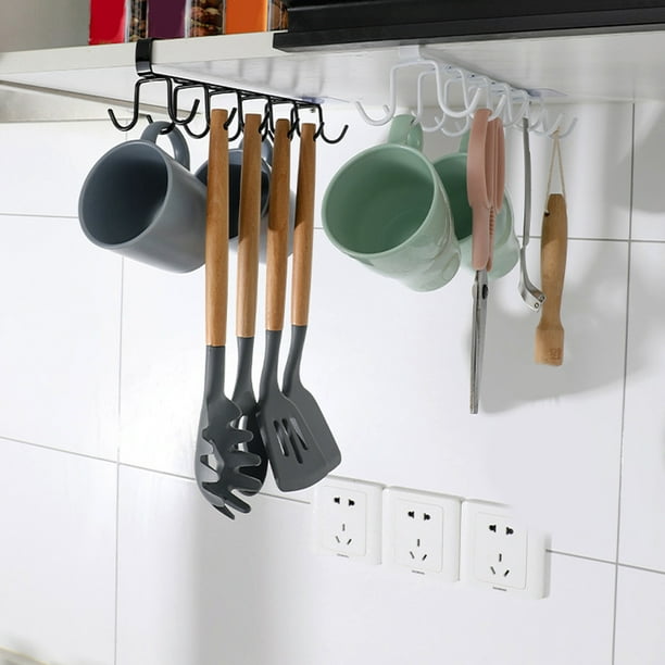 Organizador de almacenamiento en el estante de tazas bajo la estantería – Portavasos metálicos de pared de 12 ganchos para armarios de cocina, negro/blanco, percha para recipientes de 10,24 pulgadas