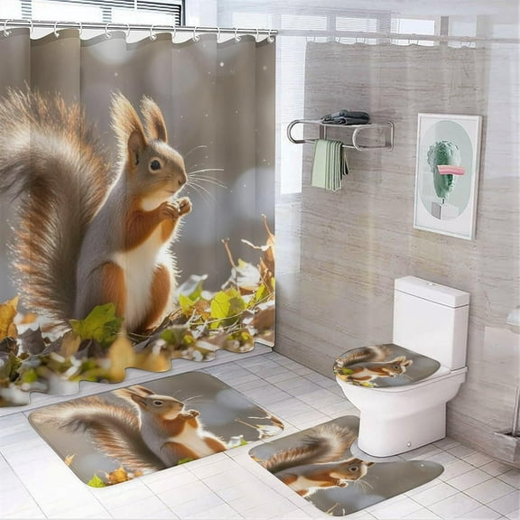 4 Pcs Autumn Squirrel Bathroom Set with Bath Mat, Shower Curtain Sets with 12 Hooks, Anti-Slip U Shape and Toilet Lid Cover for Bathroom Decor