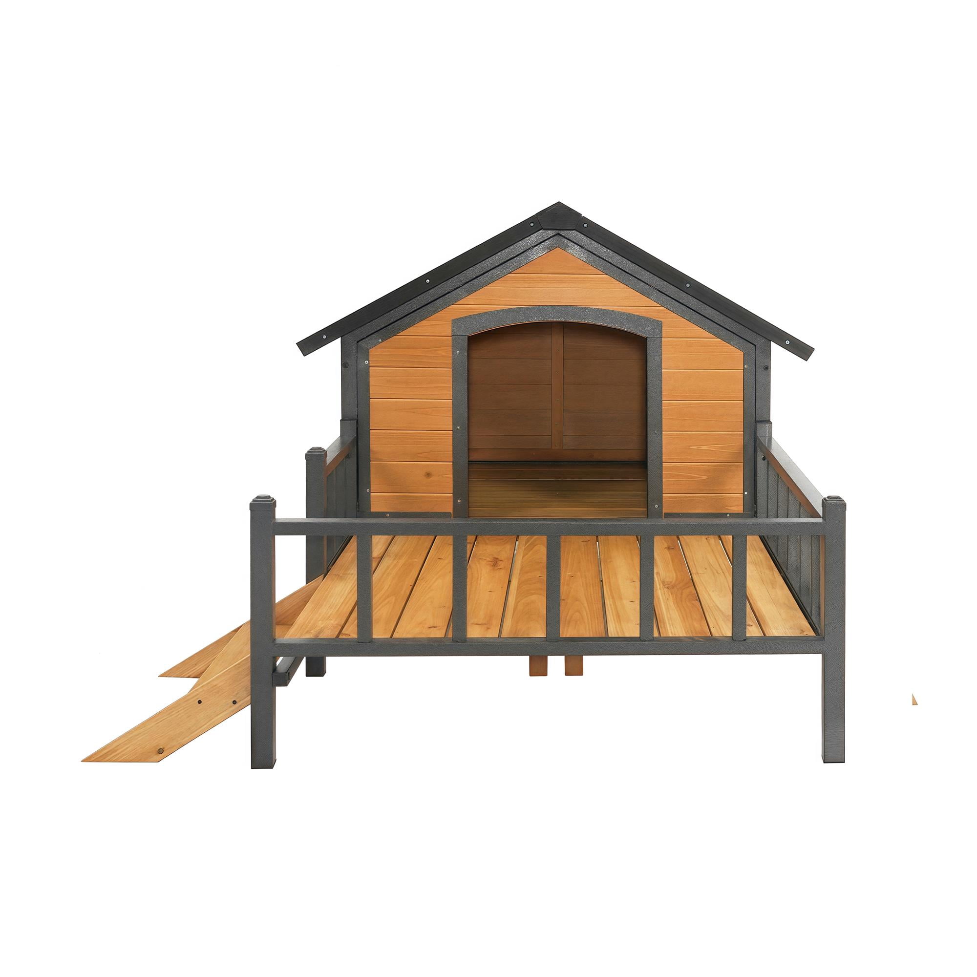 Pefilos 67" Wood Dog House for Medium Dogs, Outdoor and Indoor Cat Shelter, Weatherproof Pet Kennel with Porch, Beige