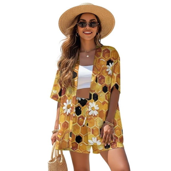 FKEKYI Daisy Flower Honeycomb Print Women's 2 Piece Short Set Open Front Shirt Top & Shorts with Elastic Waist Beachwear Loungewear Set for Ladies Summer Outfits, M