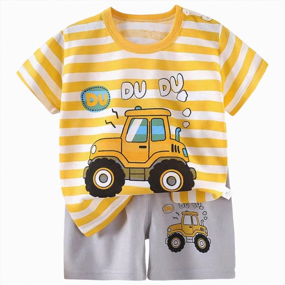 Splozh Toddler Baby Boy Clothes 6 12 18 24 Months 3T 4T 5T 6T Summer Short Sleeve Trucks Print T-Shirt Tops Shorts Set Casual Outfit,Yellow,2-3 Years