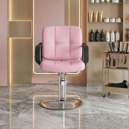 Barber Chair for Hair Stylist, 360° Swivel Salon Styling Chair with Heavy Duty Hydraulic Pump, Adjustable Height, 350 lbs Capacity, Pink PU Leather