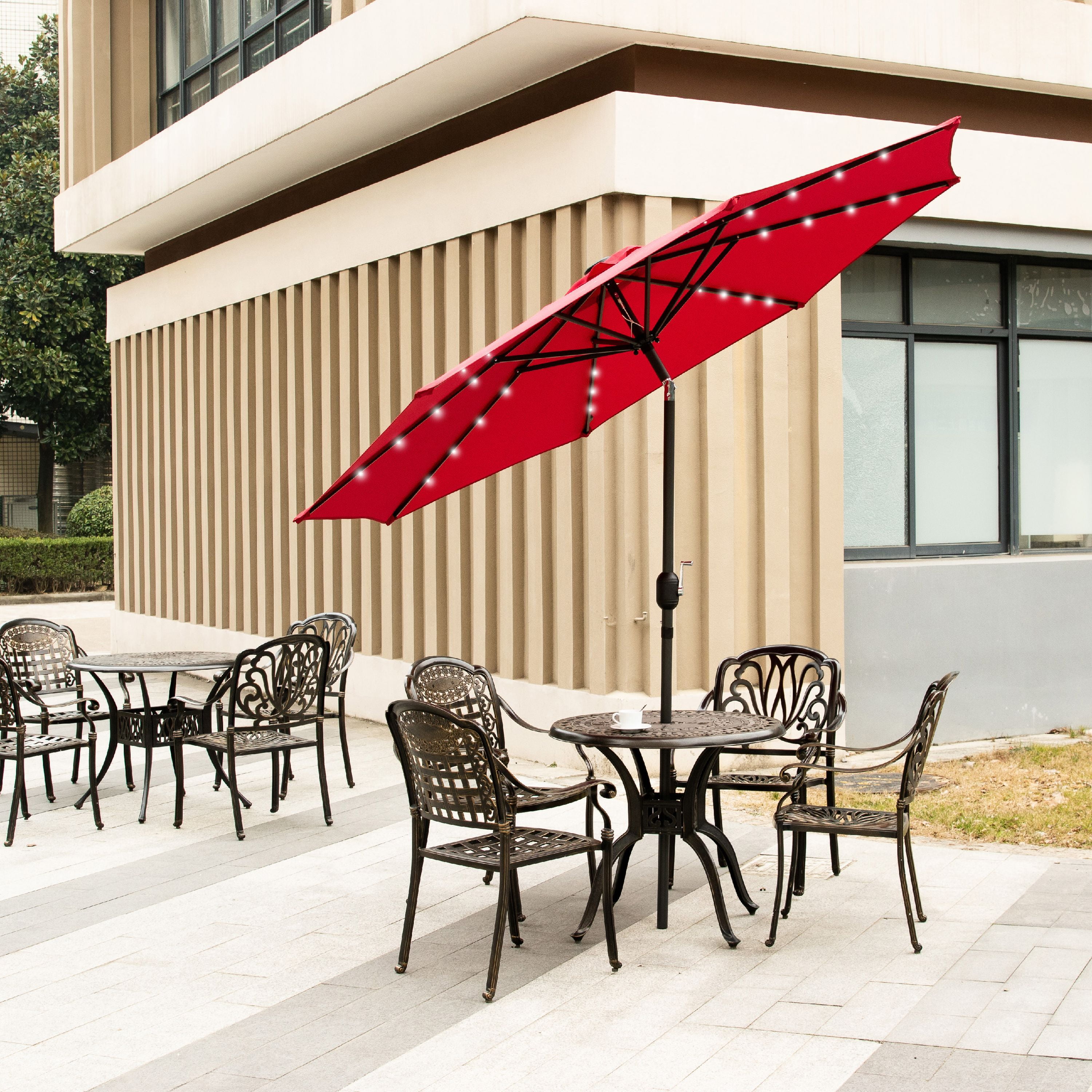 Ainfox 9ft Patio Solar Umbrella with Solar Powered 32 LEDs(Wine Red)