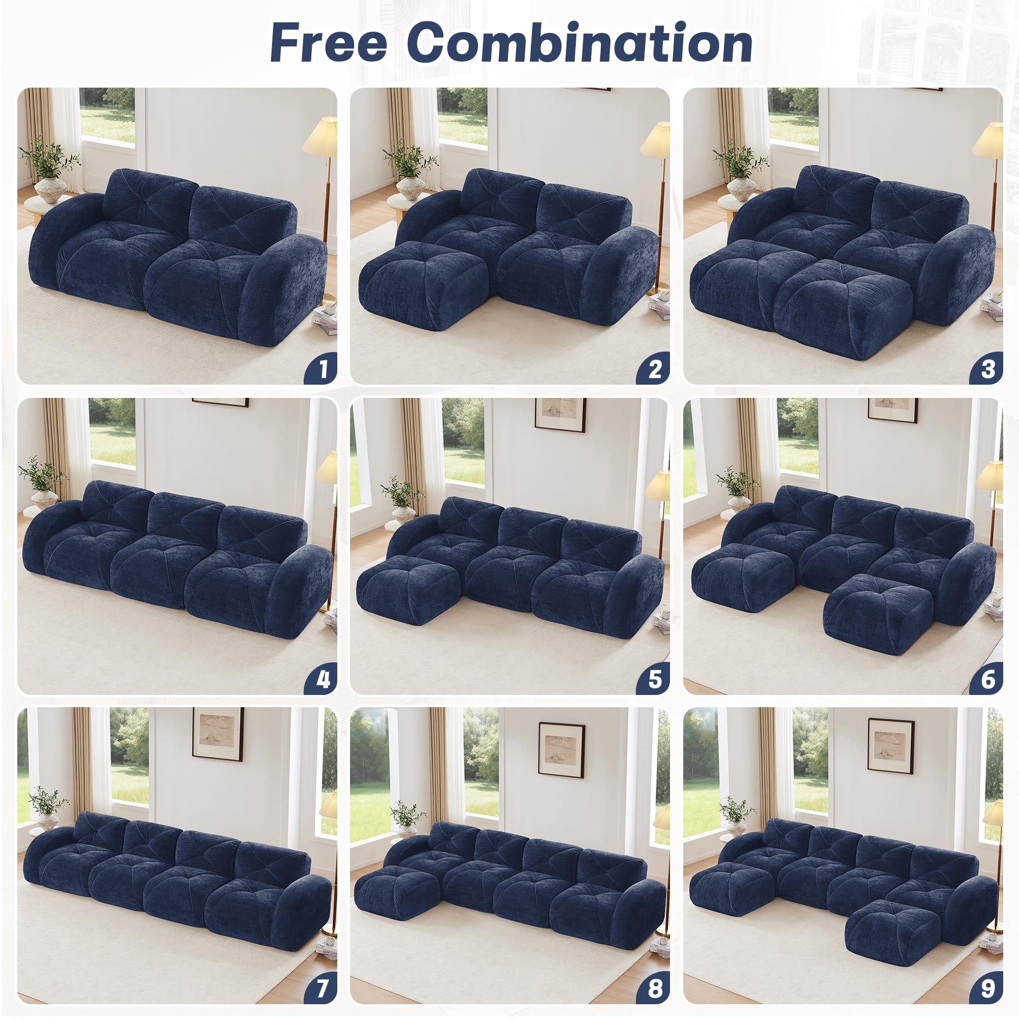 Aukfa Velvet Tufted Modular Sectional Sofa, 5-Piece U-Shaped Boneless Living Room Couch with 2 Ottomans, Blue