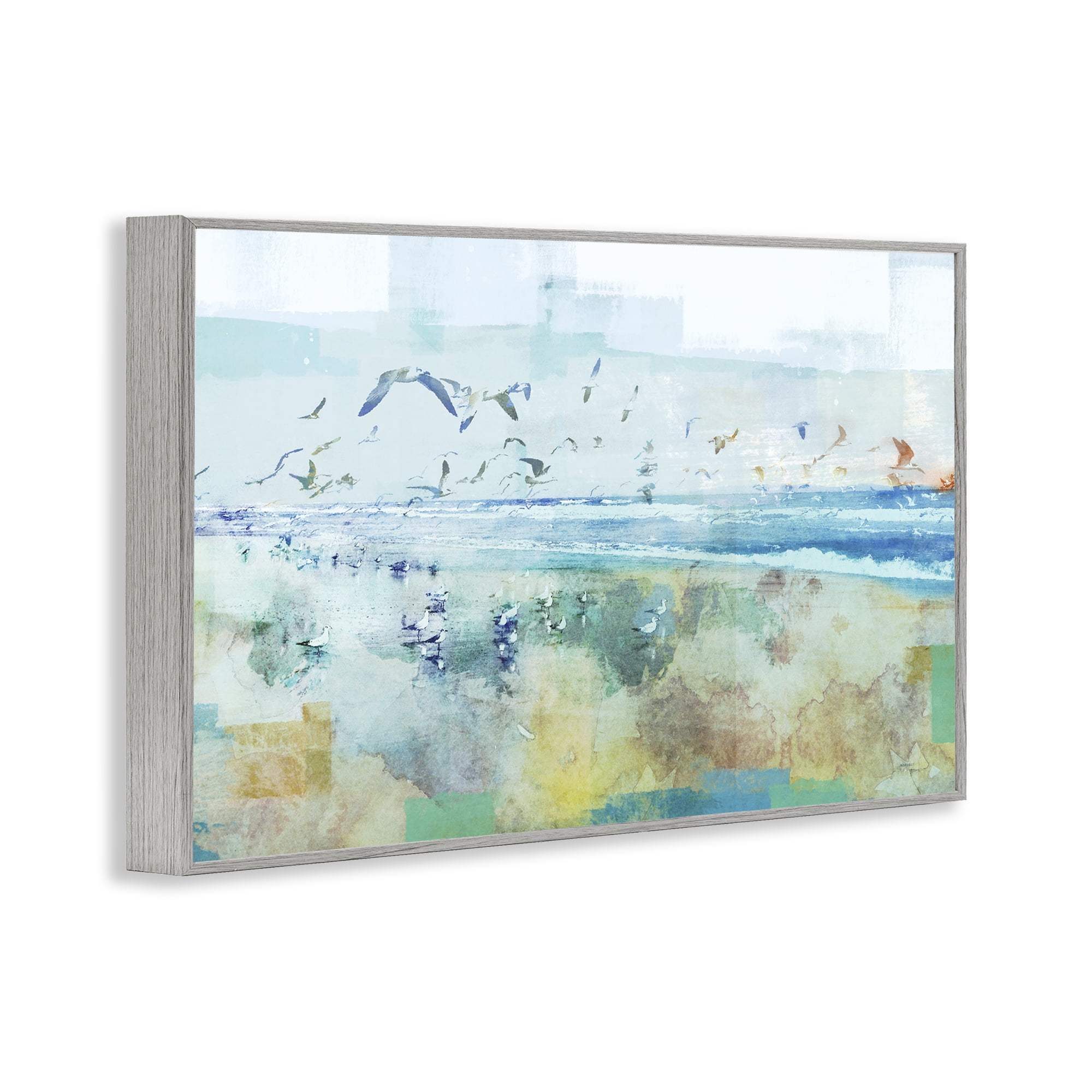 Stupell Industries Abstract Birds Over Beach Abstract Painting Gray Framed Art Print Wall Art, 18 x 12