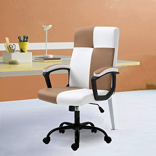 Leather Office Desk Chair Home Office Computer Mesh Chair Lumbar Support Brown 