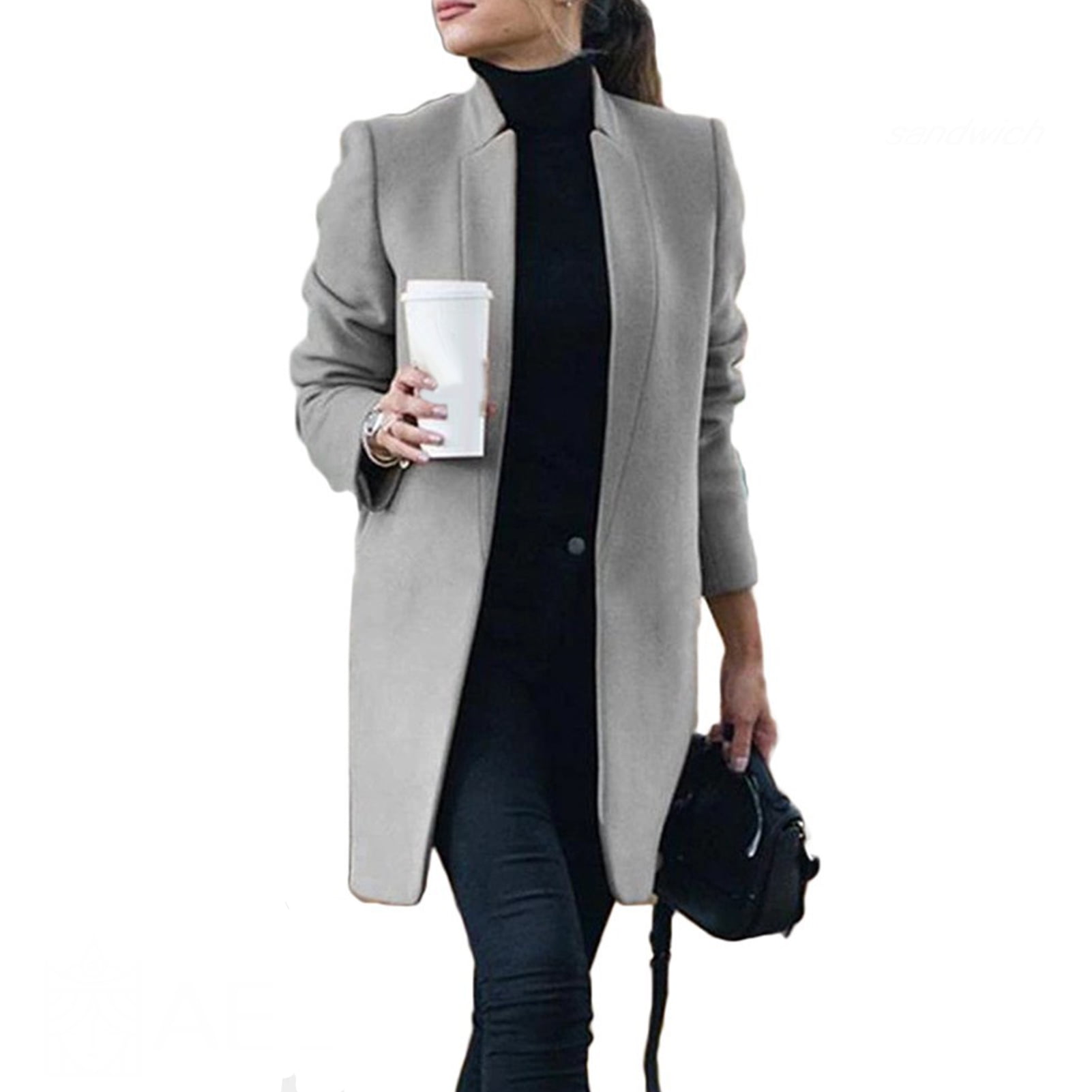 Women Winter Business Coat Stand Collar Mid-Length Slim Long Fleece Jacket