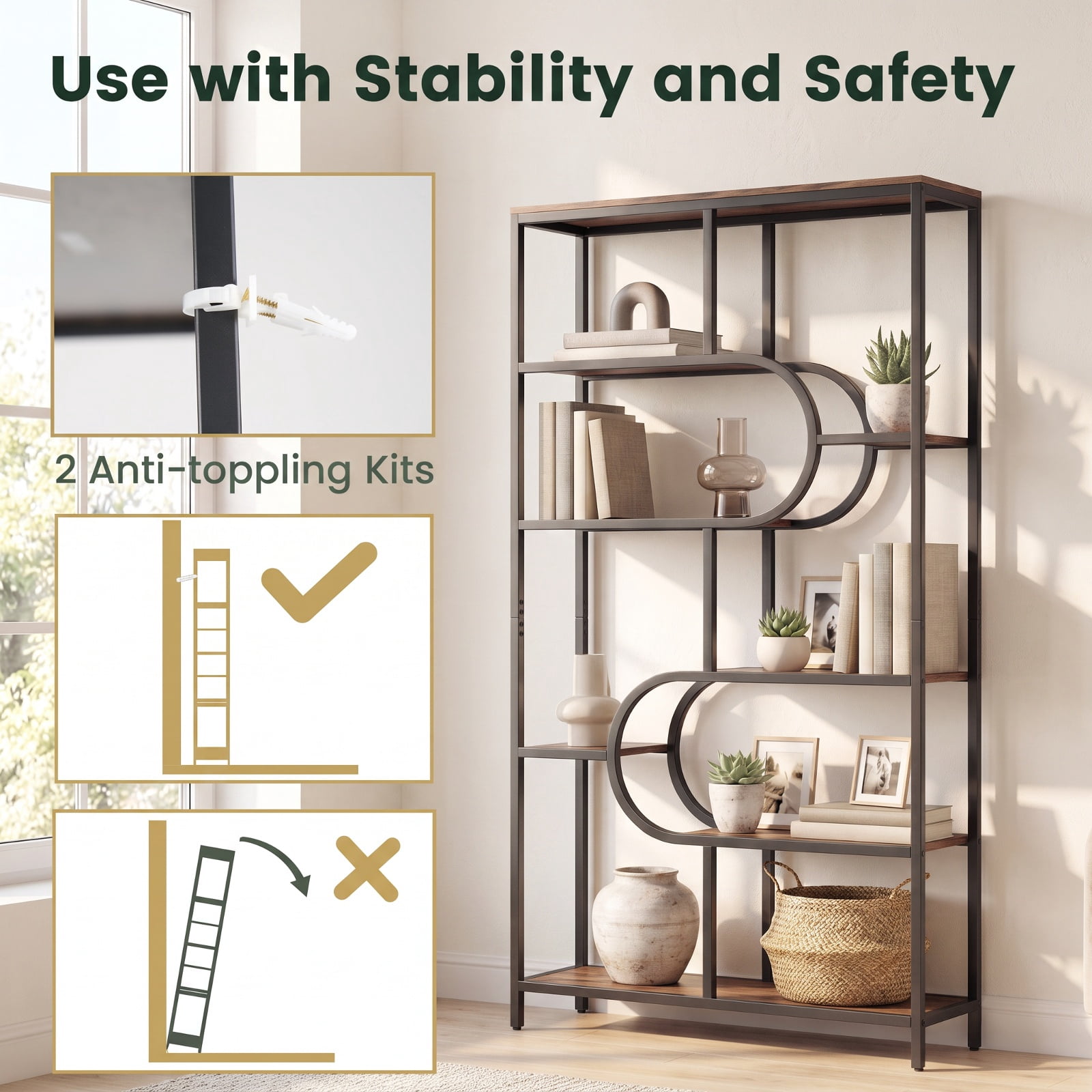 Furnibear 5-Tier Bookshelf Tall Etagere Bookcase with Open Storage Shelves and U Shape for Living Room Home Office Bedroom Display, Rustic Brown