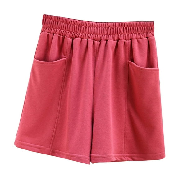 MIUOWANP Women's Elastic Waist Shorts with Pockets Solid Color Simple Style Sports Shorts Size XL(10)Watermelon Red