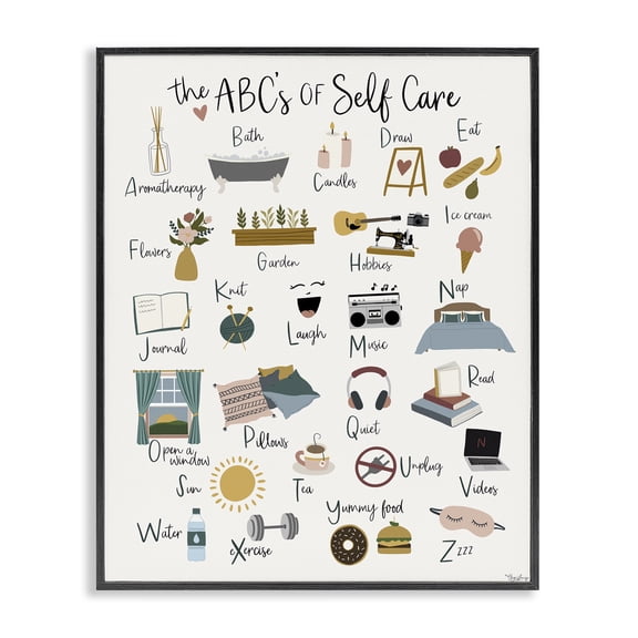 Stupell Industries Modern ABC's of Self Care Black Framed Giclee Art, 11 x 14, by Gigi Louise