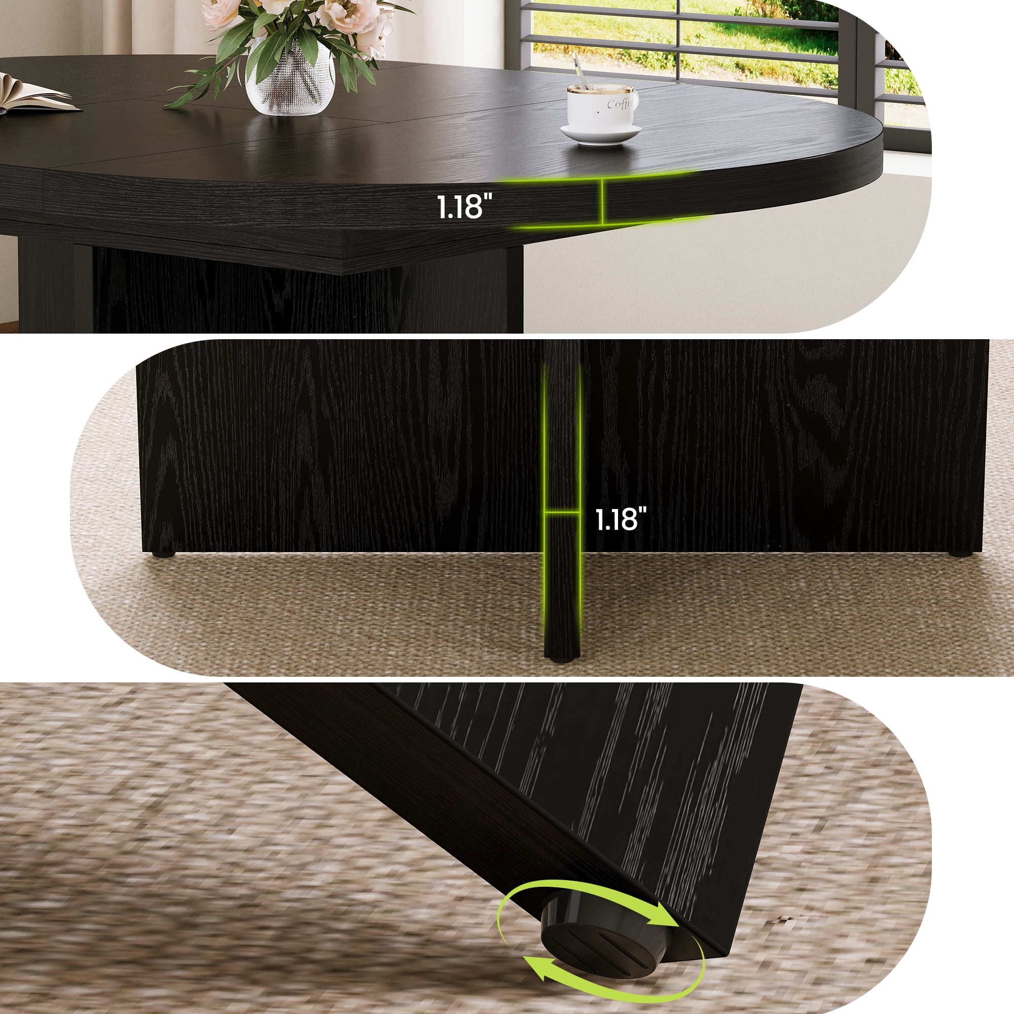 Space-Saving Extendable Round Dining Table for 4-8 – Modern Black Woodgrain, Removable Leaf, Sturdy Cross Wood Base – Woodgrain Black