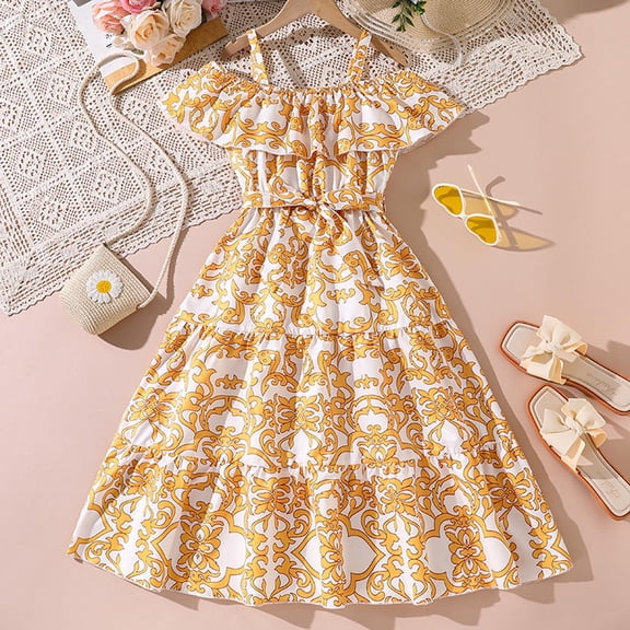 Glisme Girls Dresses Off Shoulder Floral Maxi Dress Yellow Sundress Size 10-11 Years