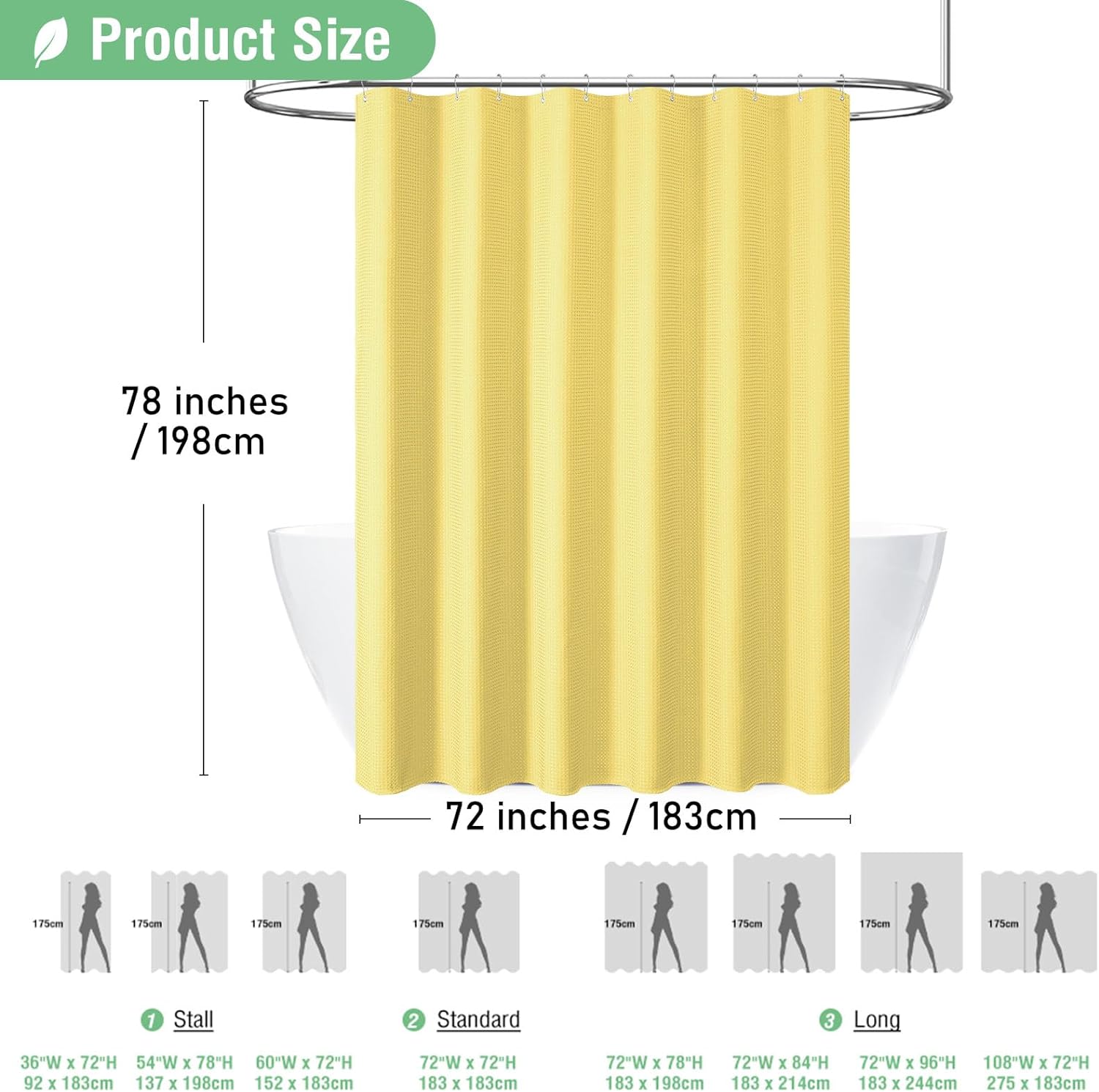 CAILDANL Green Shower Curtain - Waffle Textured Heavy Duty Thick Fabric Shower Curtains for Bathroom, 256GSM Luxury Weighted Polyester Cloth Bath Curtain Set with 12 Plastic Hooks，72Wx72H,Green