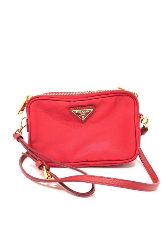 Pre-Owned PRADA Triangle Logo Plaque Pochette Shoulder Bag Nylon Unisex Red (Good)