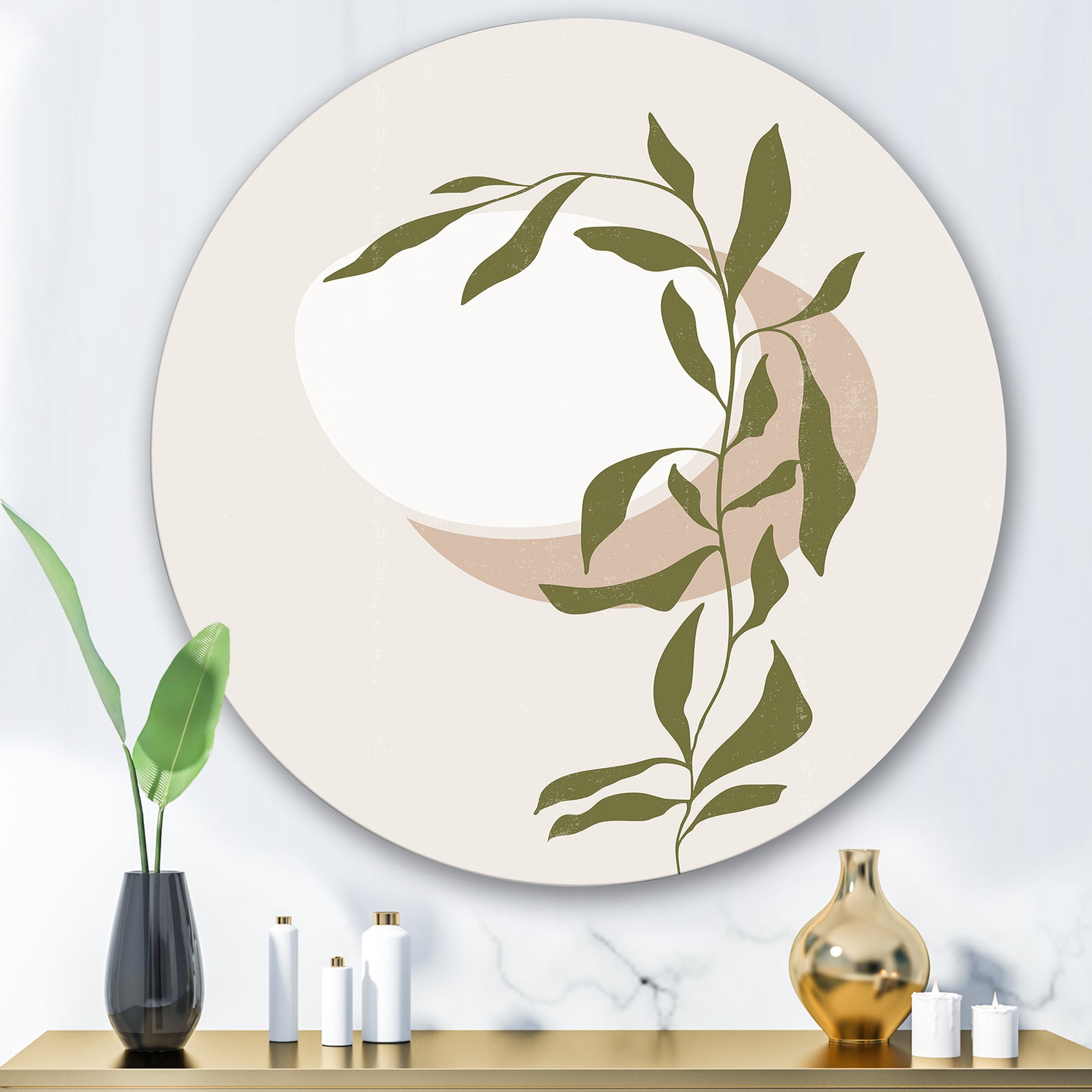 Designart 'Abstract Moon and Sun With Green Leaf III' Modern Circle Metal Wall Art 36x36 - Disc of 36