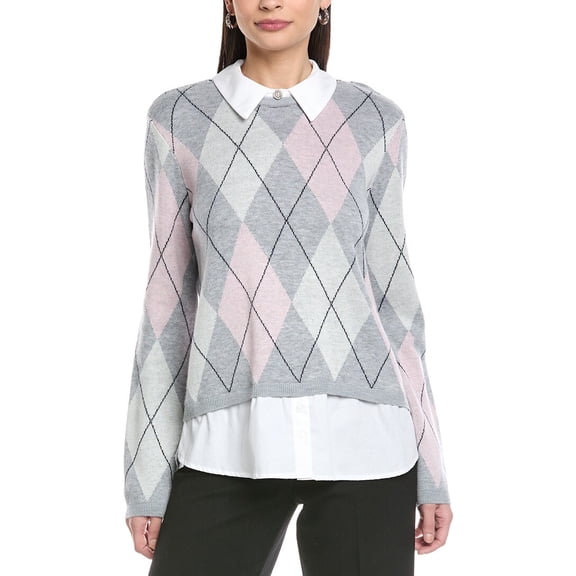 CeCe womens Argyle Twofer Wool-Blend Sweater, l, Gray