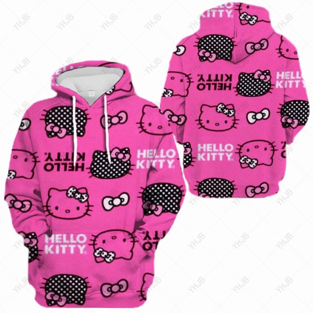 Mode Urbaine Chandails à Capuchon Femmes Manches Longues Hello Kitty Imprimé Grande Poche Ample Décontracté Chandail Printemps Automne Mode Chandail à Capuche HOEMLIN