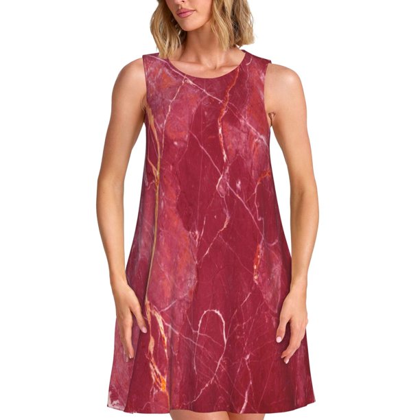 Balery Abstract Red Marble Vestidos de verano para mujer con estampado: vestido holgado sin mangas, vestido playero informal y cómodo para días calurosos.