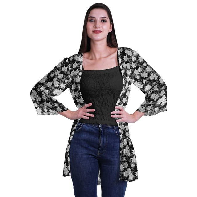 Moomaya Printed Georgette Beach Clothes For Women Short Shrug Cover Up Cardigan