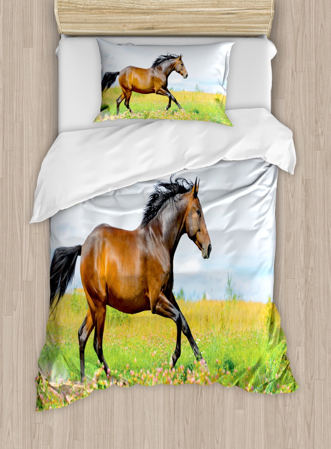 Equestrian Duvet Cover Set, Horse Runs Gallop on Flower Meadow Rural