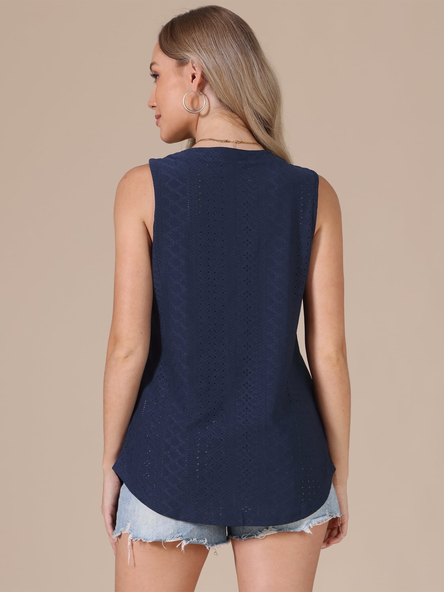 DARING DIVA Women's Eyelet Tank Top Sleeveless V Neck Casual Summer Blouse M Navy Blue