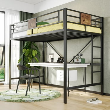 SHA CERLIN Metal Twin Size Loft Beds Frame with Stairs & Full-Length Guardrail for Teen and Child, Black