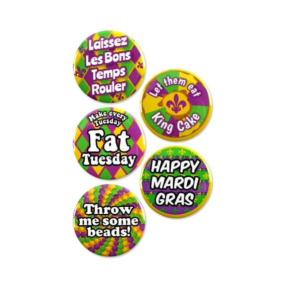 5 Pack - Happy Mardi Gras Tuesday Pack - Pinback Buttons Badges - 2.25 Inch