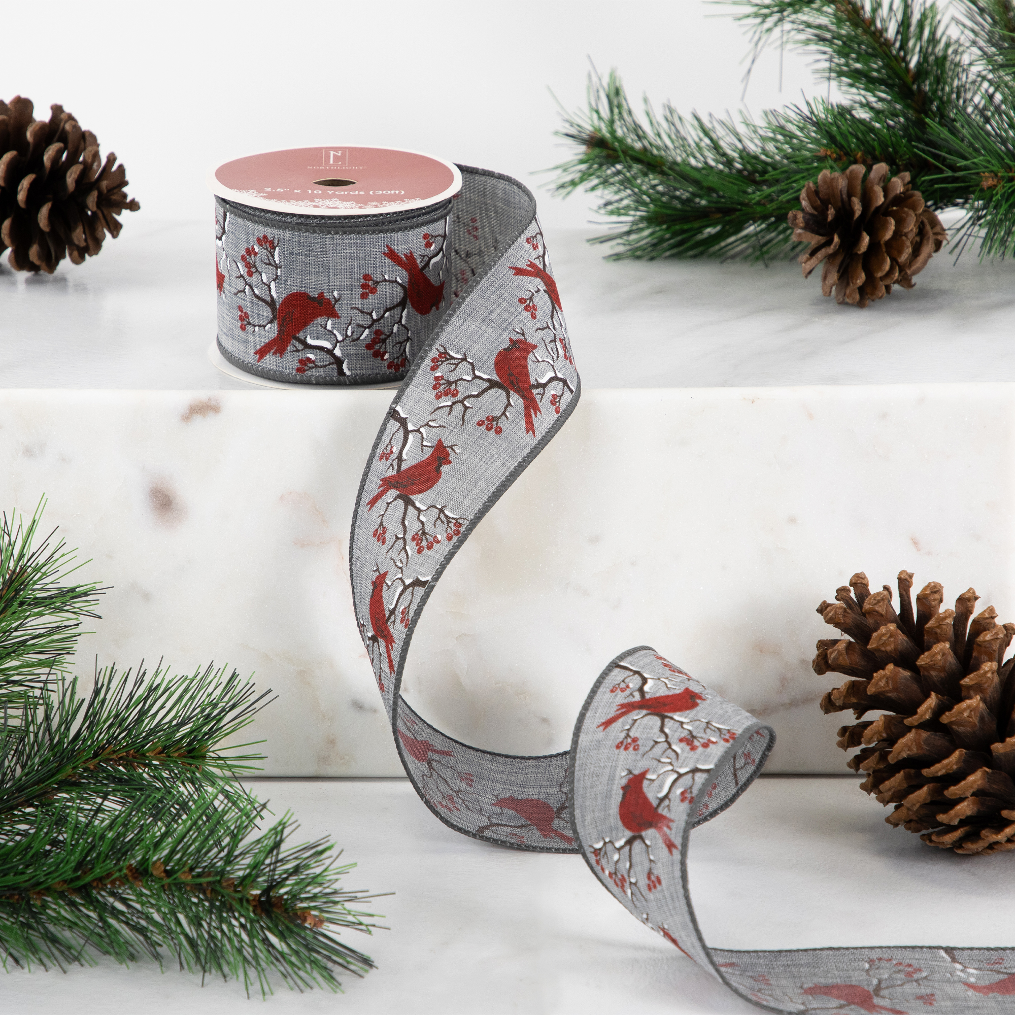 Northlight Gray and Red Cardinal Wired Craft Christmas Ribbon 2.5" x 10 Yards