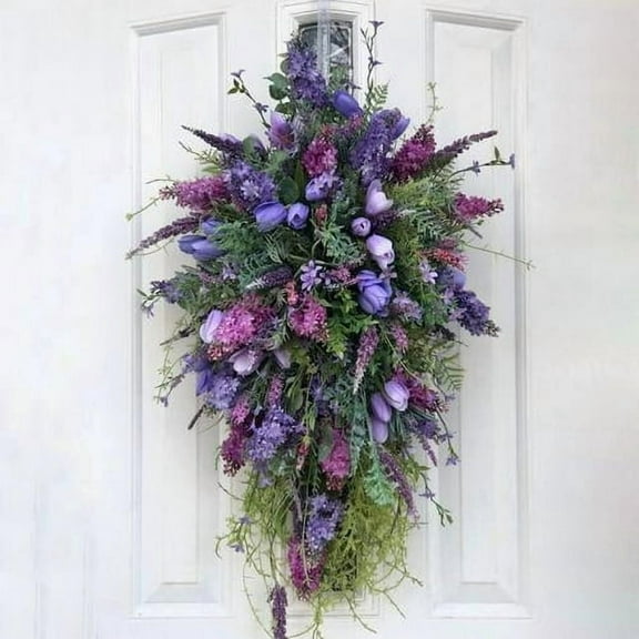 20 inch Spring Front Door Swag Purple Rustic Home Decor Farmhouse Wreath Artificial Spring Summer Wreath Colorful Flower Wreath Artificial Lavender Wreath for Front Door Window Wall Decoration