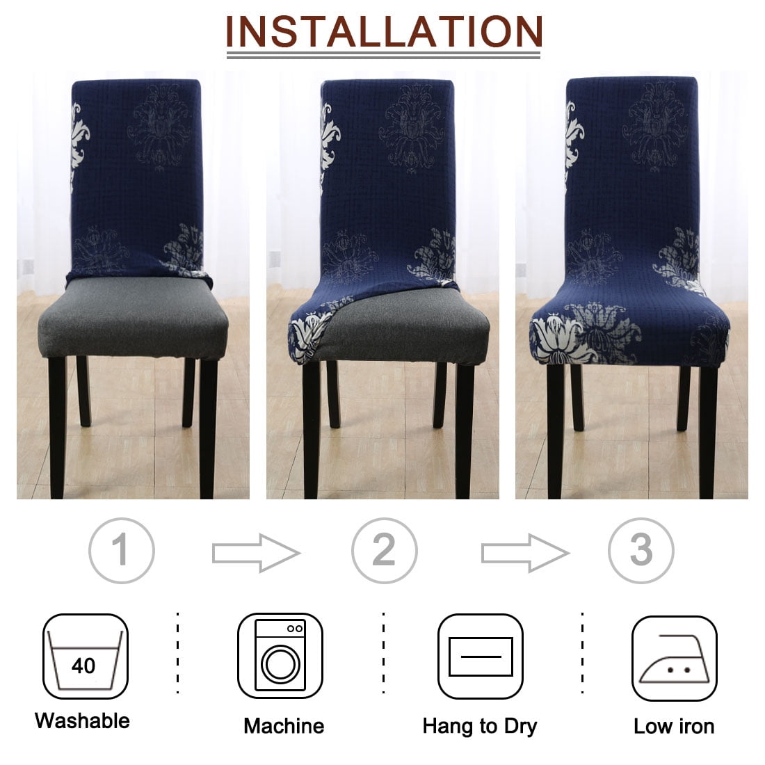 Unique Bargains Stretch Floral Print Dining Chair Cover Navy Blue and White M