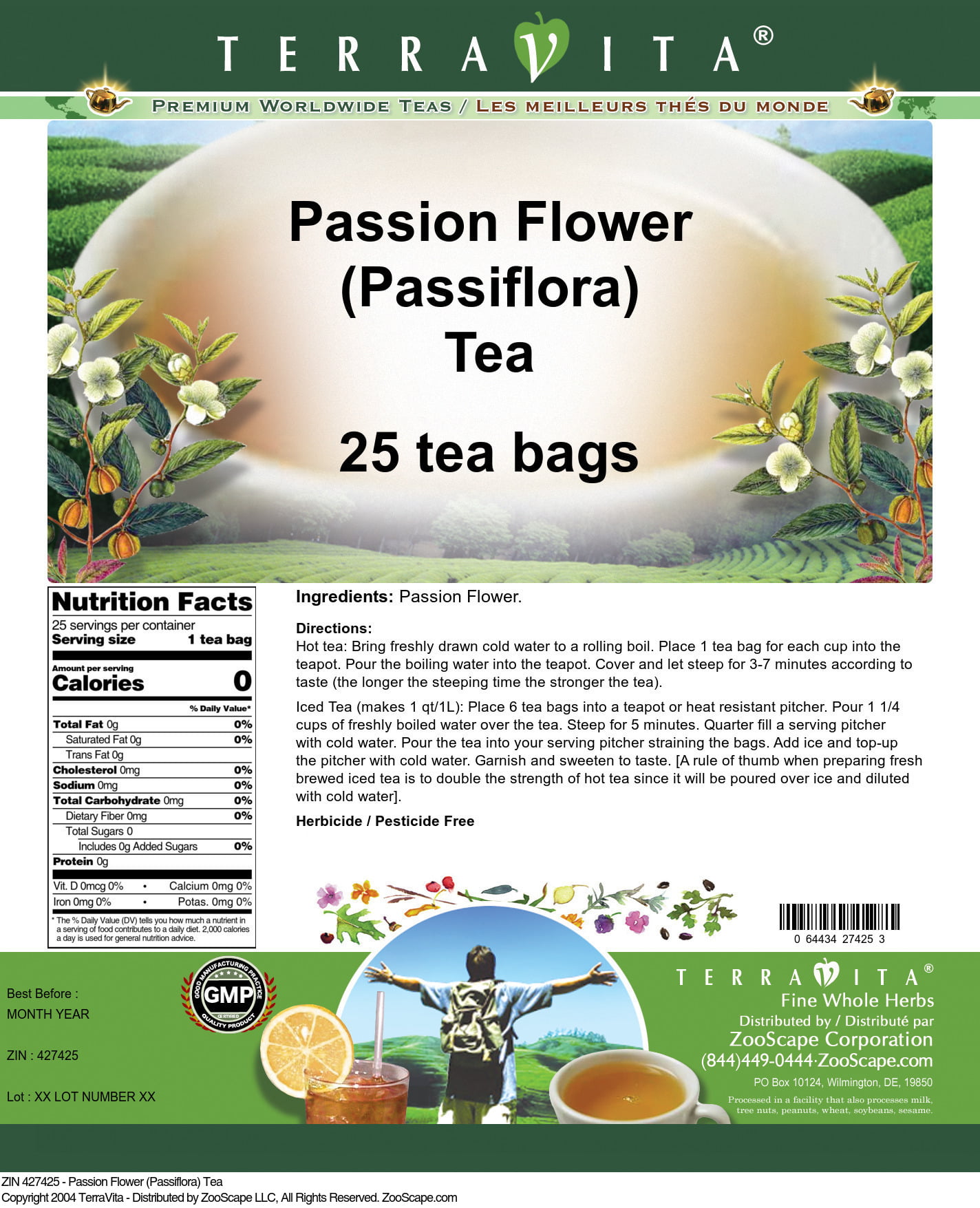 terravita passion flower (passiflora) tea, (herbal tea bags, 25 tea bags,  1-pack, zin: 427425)