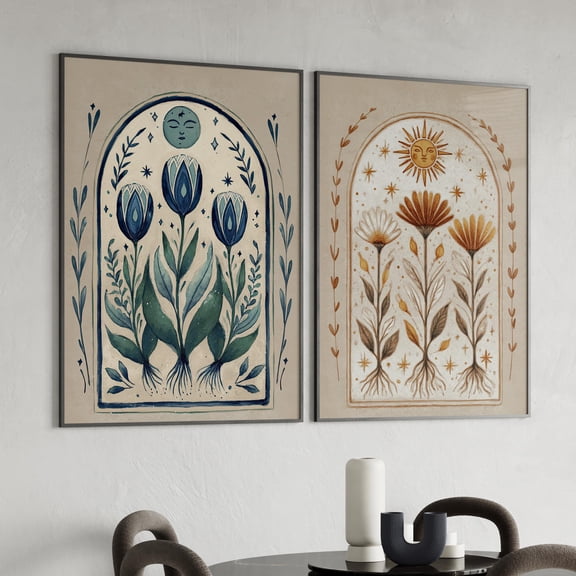 Vintage Moon and Sun Boho Wall Art Set of 2 Poster or Canvas Prints, Earthy Tone Floral Botanical Art Print, Folklore Art Cottagecore Decor, Poster Only