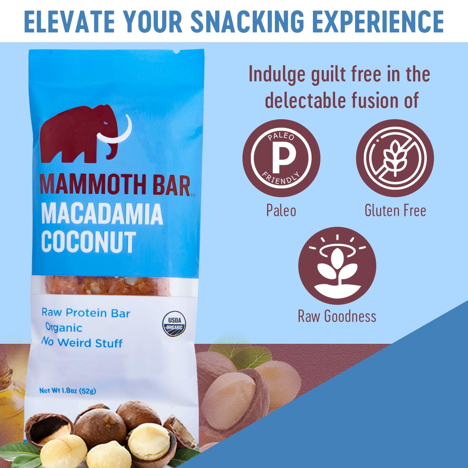 Mammoth Bar Organic Macadamia Coconut High Protein Bar – Clean Label, Gluten-Free, No Added Sugar, Non-GMO, 10 Count
