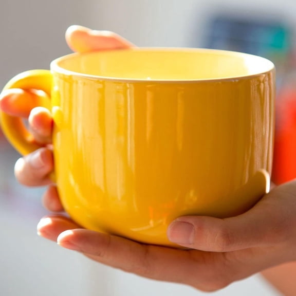 Farcauo 21oz Yellow Soup Bowls Microwave Safe with Handles Spoon and Coaster Large Coffee Mug XXL Coffee Mugs Big Ceramic Tea Cups Cappuccino Cup Gift Birthday Gifts for Women Soup Mug