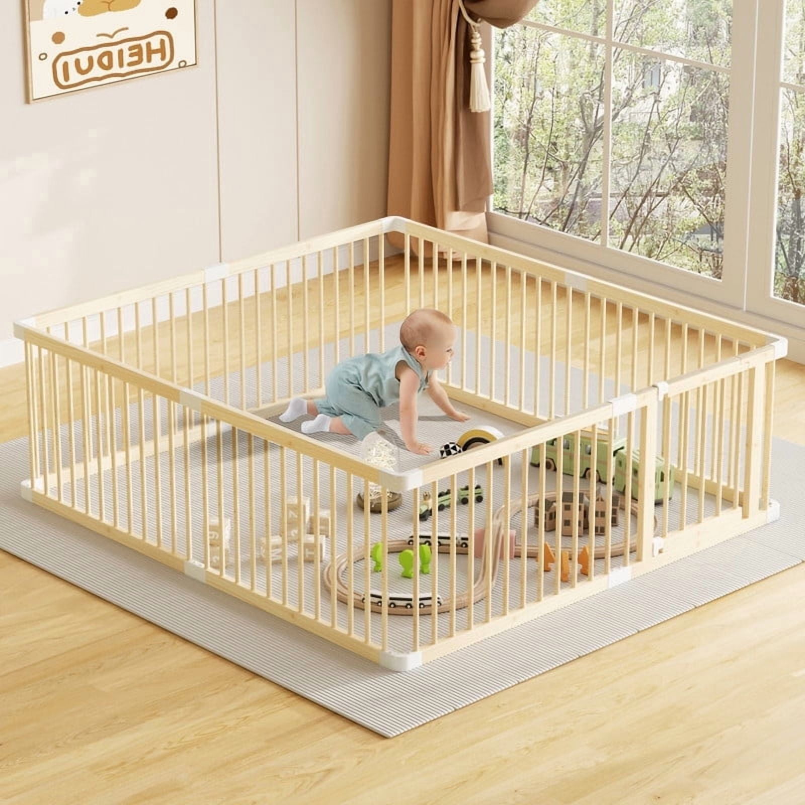 Homlux Large Wooden Baby Playpen with Gate, Adjustable Panel Play Yard Fence for Toddlers, 56" x 56" x 24"