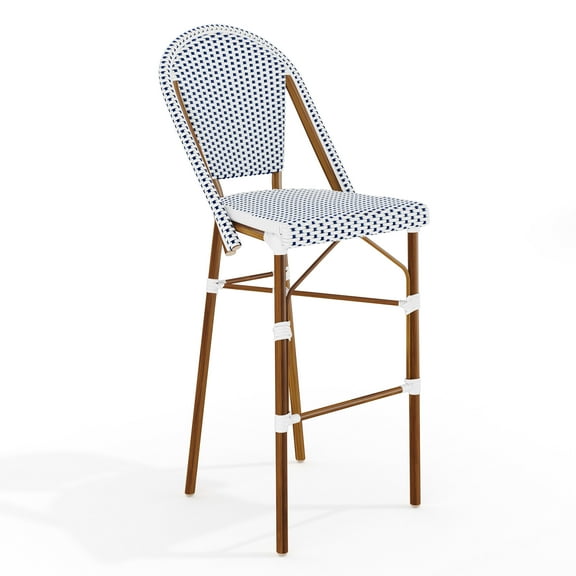 Martha Stewart Indoor-Outdoor Stackable Bistro Bar Stool with Natural Woodgrain Aluminum Finish Frame and White/Navy Woven Rattan Back and Seat
