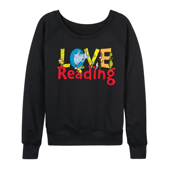 Dr. Seuss - The Cat In The Hat Book Cover Love Reading Women's Lightweight French Terry Wide Neck Long Sleeve Graphic Shirt