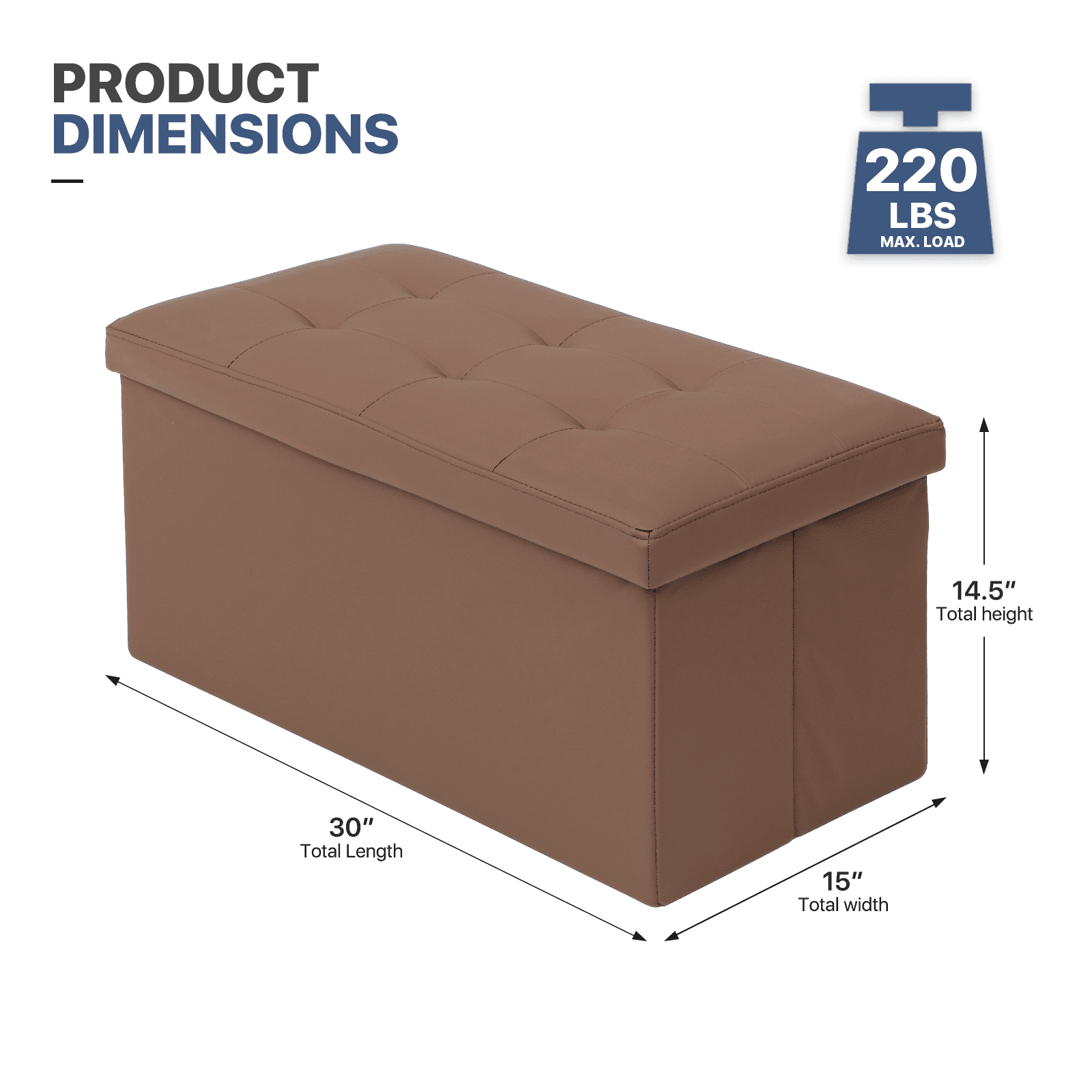 MoNiBloom 30" Folding Storage Ottoman Bench, PU Leather Collapsible Footrest Ottoman with Storage, for Living Room Bedroom Entryway, Brown