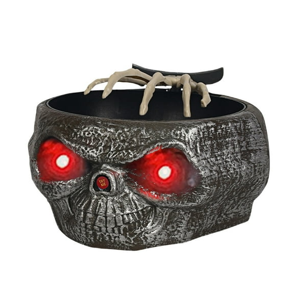 JIhuahe Halloween Decorations Animated Skull Cauldron Bowl, Glowing Eyes Motion Activated, Spooky Sound Effects Candy Holder,Gray