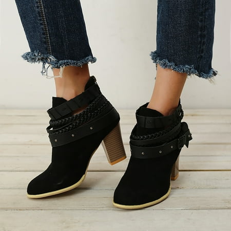 

YOTAMI Womens Shoes Women Ankle Bare Boots Solid Round Shoes High Heel Causal Short Rube Booties Black