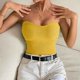 thumbnail image 2 of Top de tubo sin tirantes de color liso con ombligo expuesto, top de tubo de punto ajustado y ajustado para mujer, amarillo S, 2 of 4