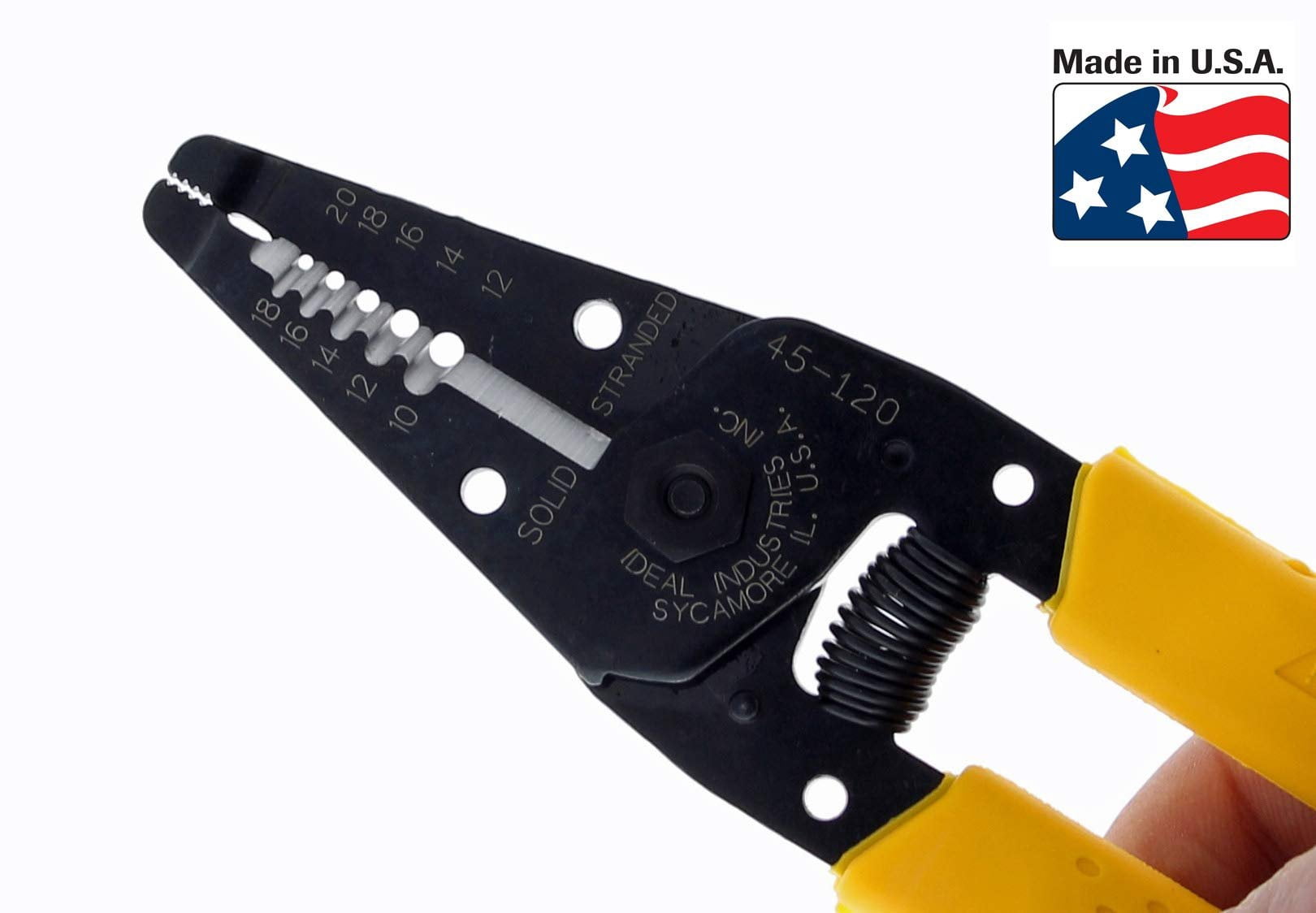IDEAL Electrical 45-120 T-5 T-Stripper - 10-20 AWG, Yellow Wire Stripper with Looping Holes, Plier Nose, Spring Loaded Automatic Opening,Black