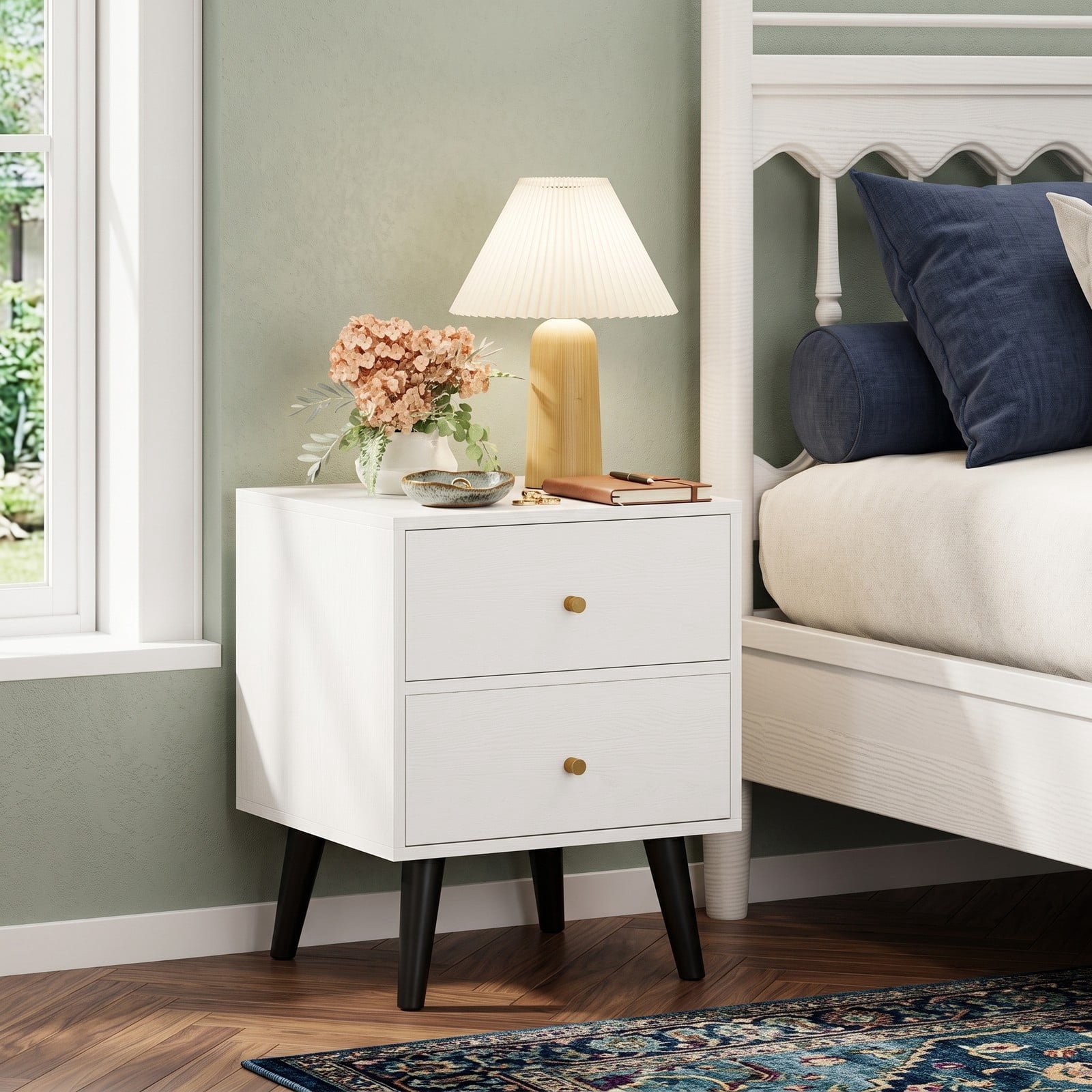Furnibear Mid Century Nightstand with 2 Drawers and Golden Knobs and Tapered Legs for Bedside Storage in the Bedroom and Living Room, White