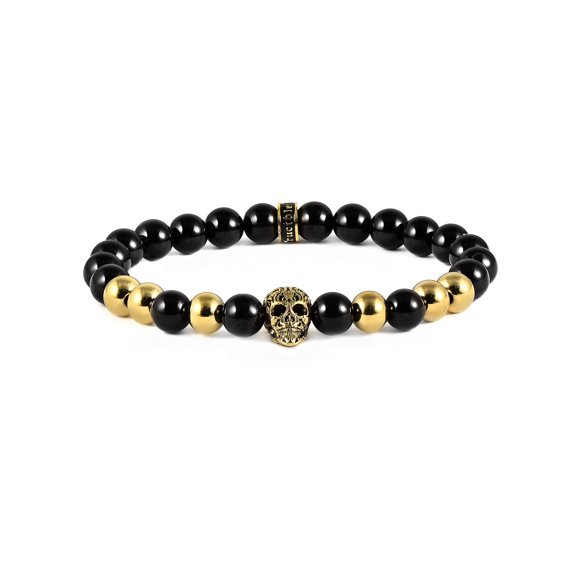 Crucible Jewelry Men's Onyx Stone and Gold Plated Skull Bead Stretch Bracelet (8mm)