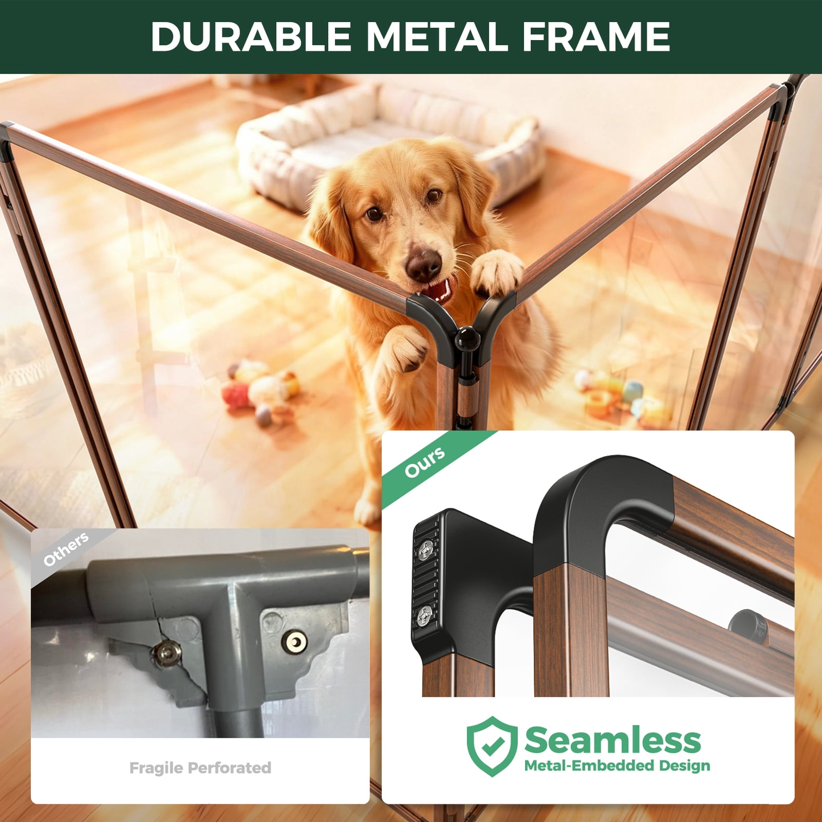 FXW AuraSpace Pro Metal & Acrylic Indoor Dog Playpen, All-Acrylic Clear Heavy-Duty Design, 40" Height 12 Panels for Medium and Large Dogs, Walnut│Patented