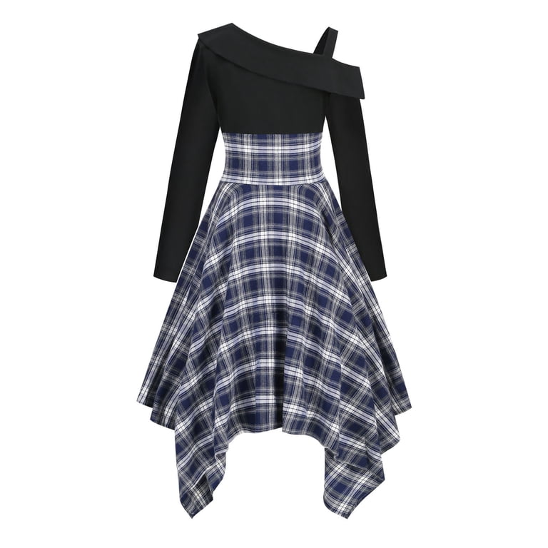 Njagoc3 Womens Asymmetric Plaid Dress, Long Sleeve, Off - Shoulder, Belted  Waist, Summer Picnic & Casual Day Wear, Flattering Fit - Walmart.com